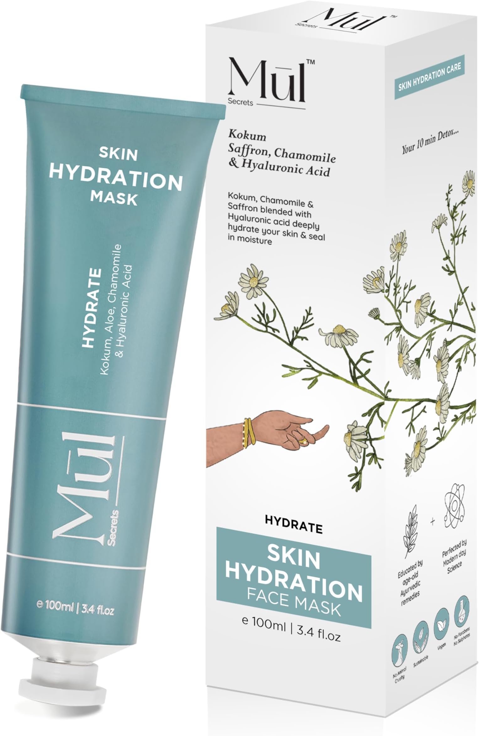 Mul Secrets 100 ml Hydrate Facemask & Scrub - Dry Skin Hydration, Softening, Brightening & Plump Skin - Hyaluronic Acid, Chamomile & Saffron - 30+ Uses - 50mlx2