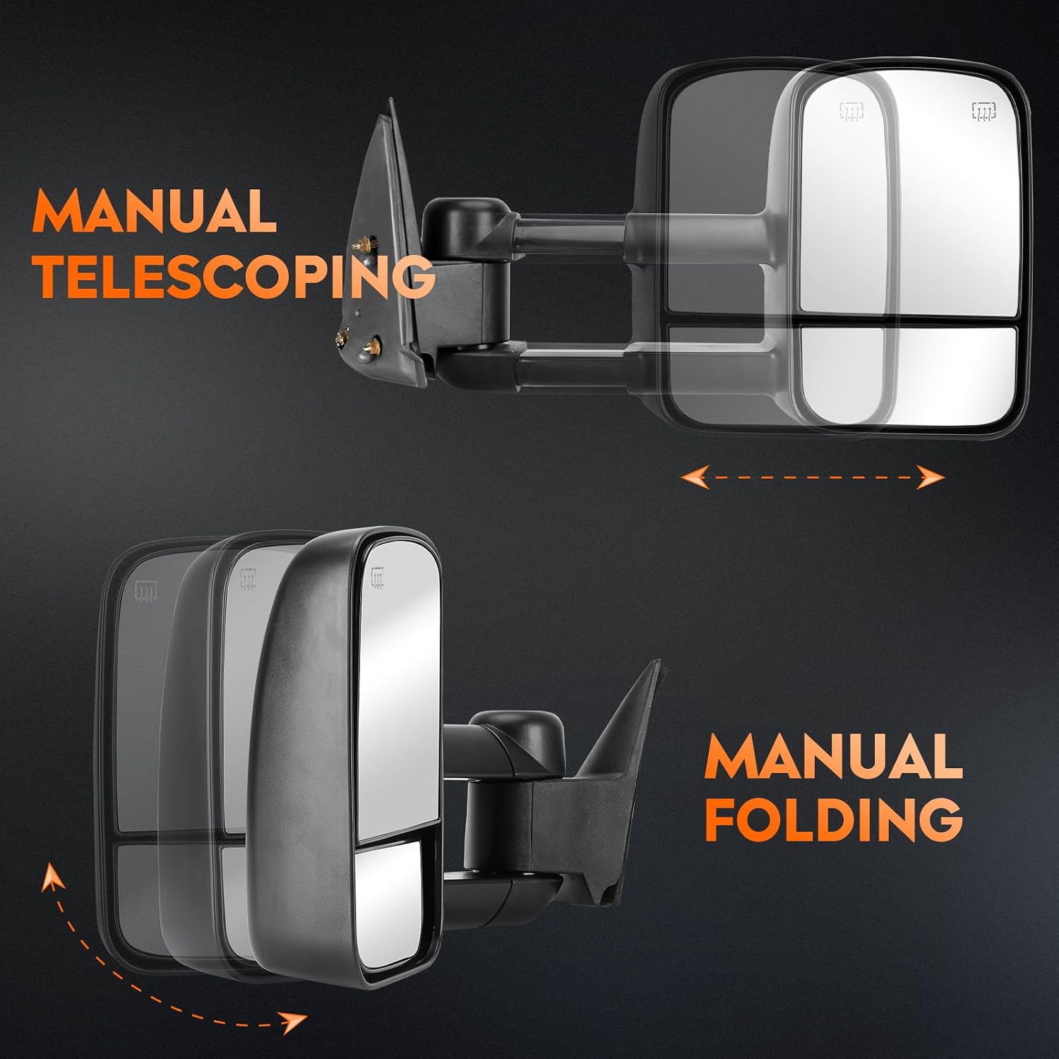 Youxmoto Towing Mirrors fit 1999-2002 for Chevy Silverado 1500/2500 HD 3500 Avalanche Suburban; for GMC Sierra Pickup Truck Mirrors, Heated; Manual Folding &Telescoping; Left+Right Side Mirrors; Black