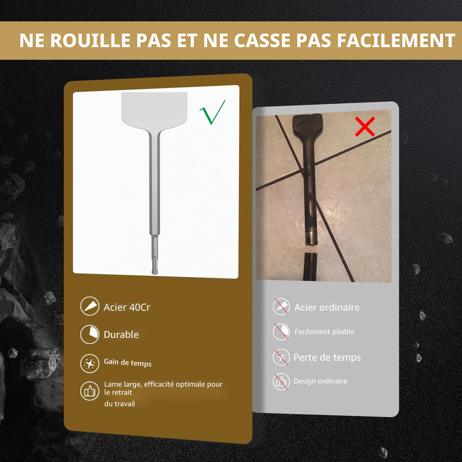 CSOOM SDS PLUS Lot de 2 burins à carrelage 75 x 165 mm et burins plats 100 x 280 mm pour carrelage, colle à carrelage, béton, pierre naturelle, maçonnerie, etc
