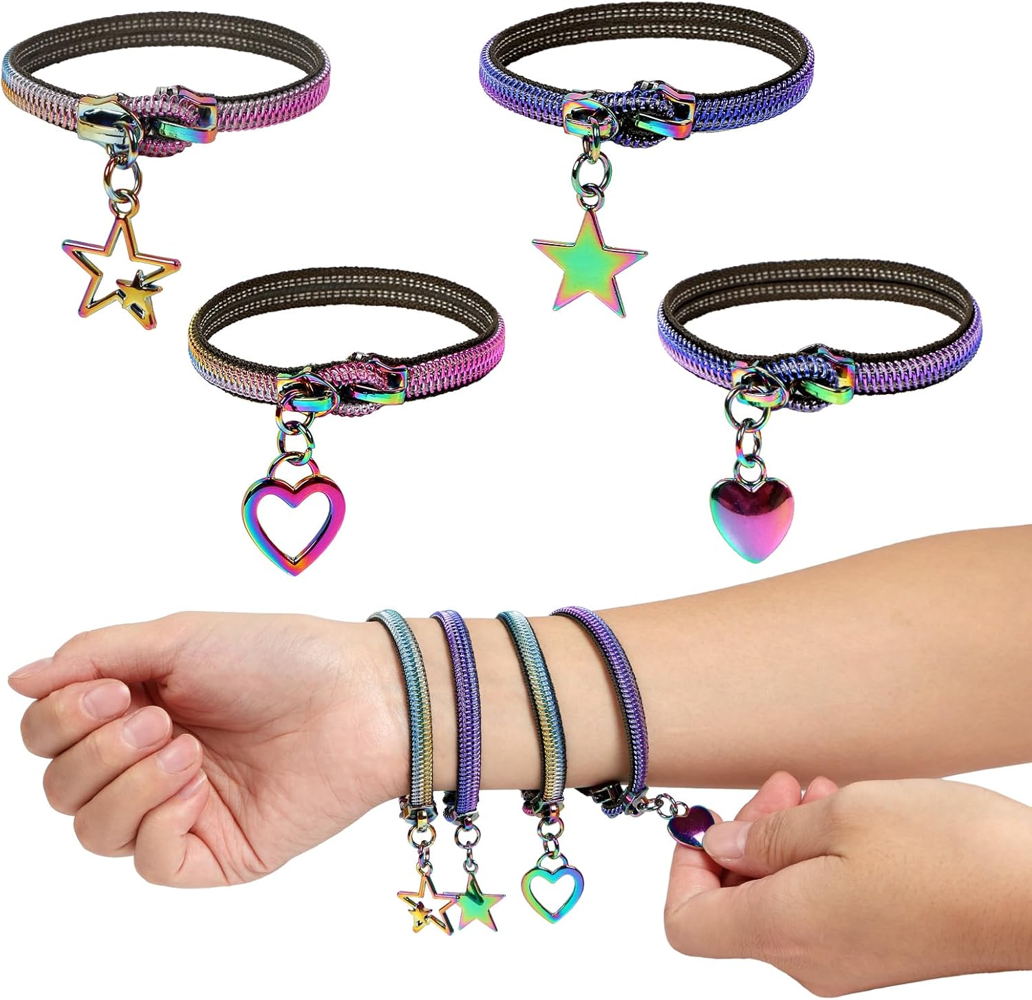 4 Pieces Fidget Bracelet Wearable Zipper Fidget Bracelet for Autism ADHD and Anxiety, Stress Relief Hand Sensory Tools for Teens,Party Favors