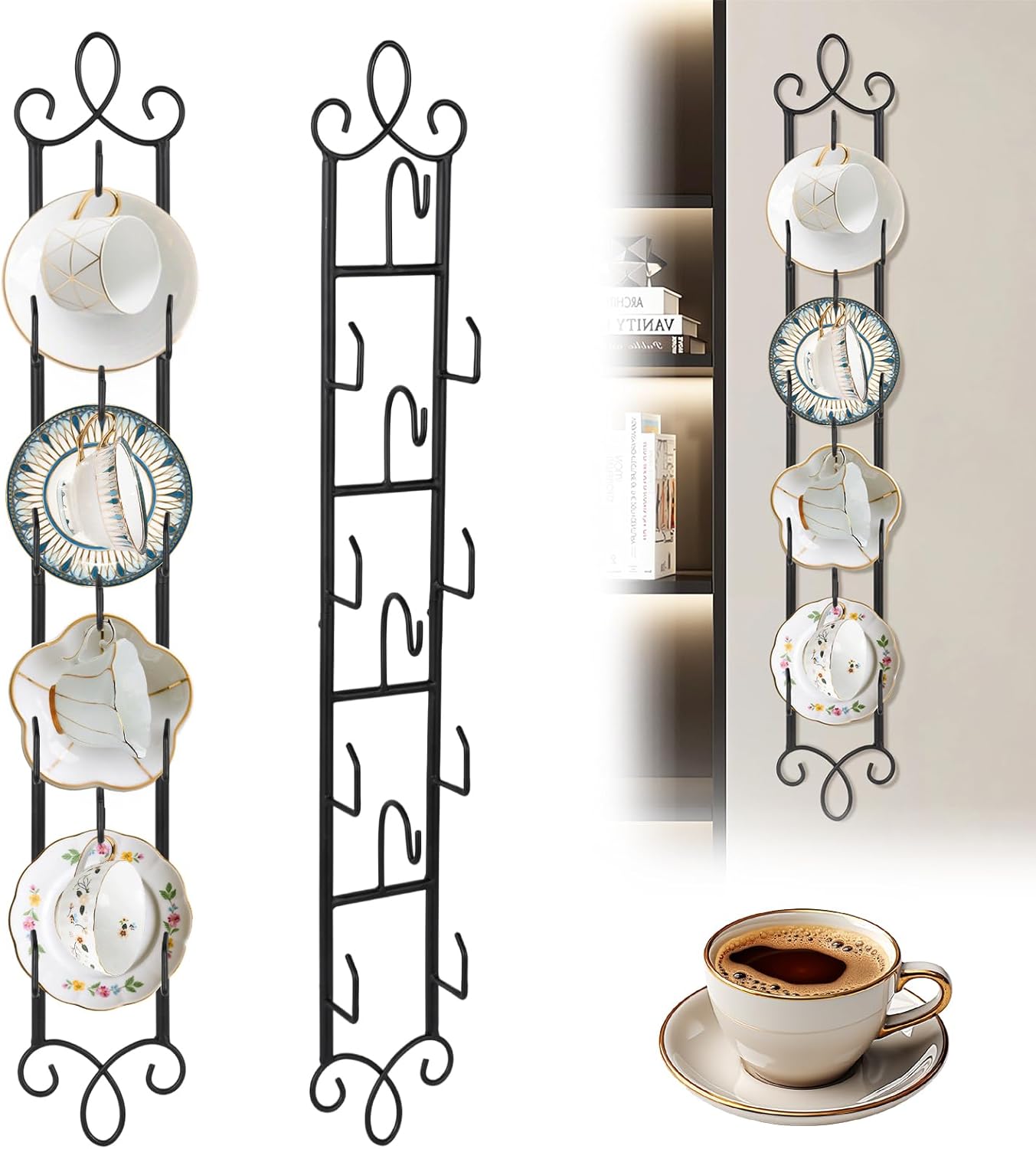 AQQHSAIN 2 Pcs Tea Cup and Saucer Display Stand 4 Tiers Wall Mounted Tea Cup Display Rack Vertical Wire Tea Coffee Cup Plate Holder Decorative Display Shelf for Coffee Mugs