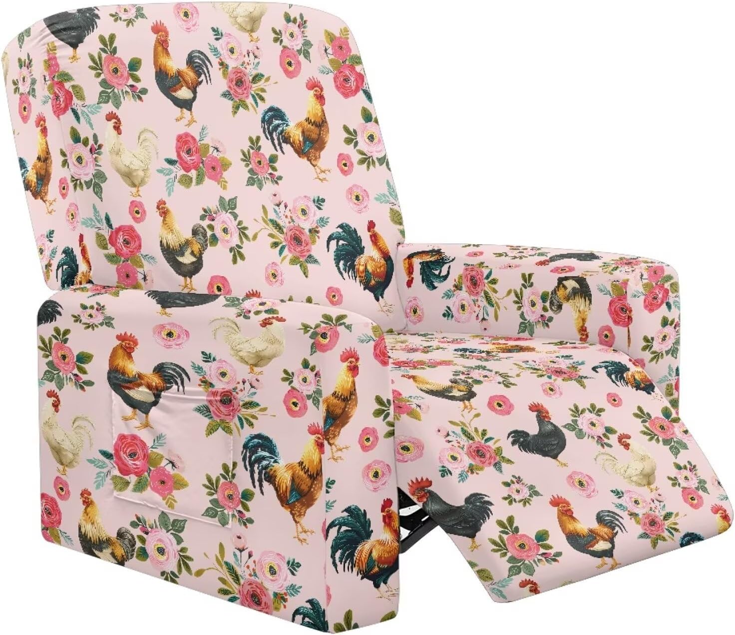 Wanyint Rooster Chicken Floral Pink Oversized Recliner Cover Stay in Place Lazy Boy Recliner Chair Cover 4 Pieces Washable Reclining Seat Cover for Home Living Room Decoration