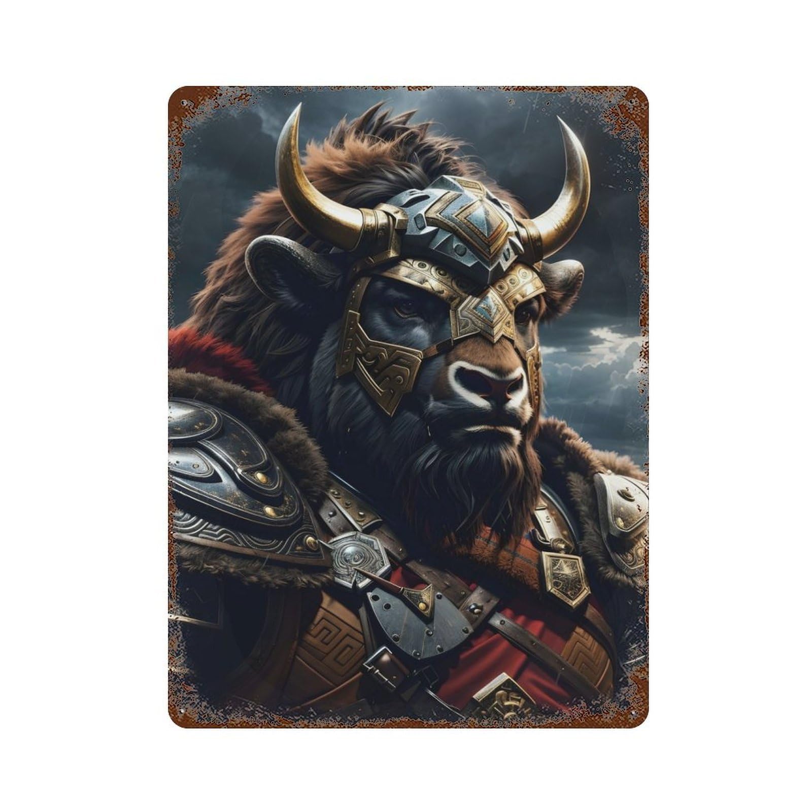 Rust Effect Bison Armor Distressed Metal Wall Sign 15.7"x11.8", Farmhouse Wall Decor for Office, Studio And Wall Decor