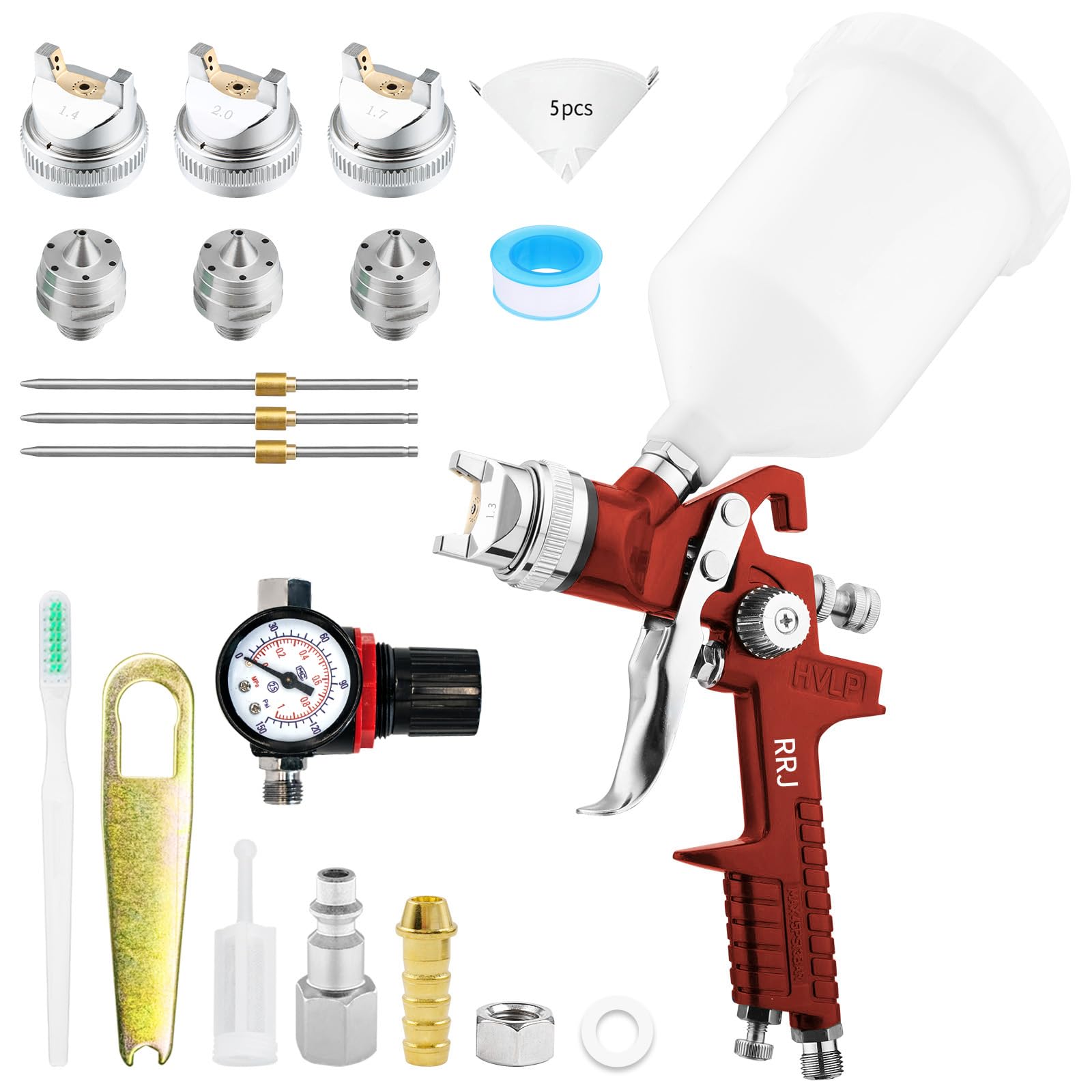 HVLP Pistolet a Peinture avec 3 Buses 1,4/1,7/2,0mm Régulateur d'air Coupelle 600cc Pistolet à Pulvérisation à Alimentation par Gravité, HVLP Meubles de Voiture Pistolets de réparation (Rouge)