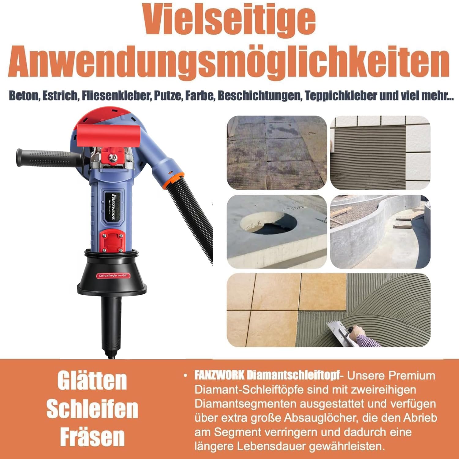FANZWORK 1500W Betonschleifer Betonfräse Set, Drehzahlregelbar, inkl. Premium 125mm Diamantschleiftopf, Absaughaube, T-Förmiger Griff (Mit 2x125mm Schleiftöpfe)