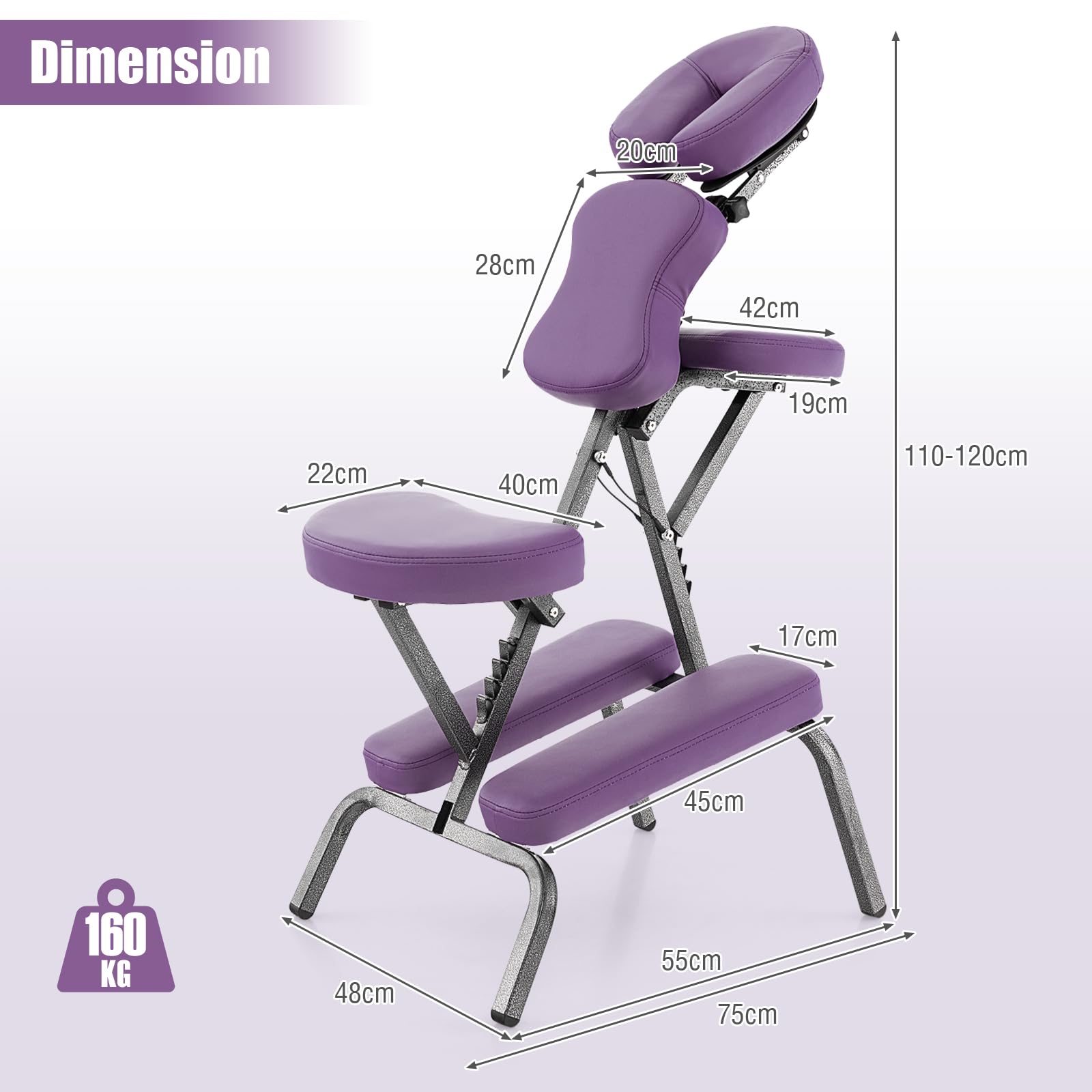 RELAX4LIFE Chaise de Massage Pliante Hauteur Réglable 110-120 CM, Chaise de Thérapie Portable Ergonomique avec Siège Rembourré, Sac de Transport, Charge 150 KG pour Tatouage Spa Esthéticienne (Violet)