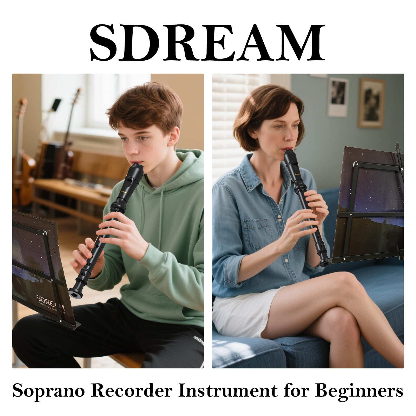 SDREAM Flauto dolce soprano per principianti e studenti scolastici, con asta di pulizia e borsa in pelle (nero)