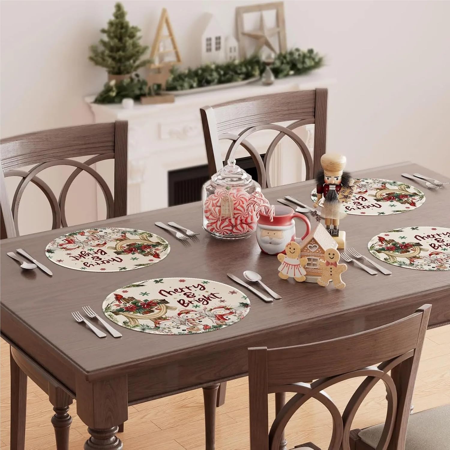 Snowman Cross Poinsettia Florals Winter Xmas Placemats Round Placemats Table Mats for Party Dining Table Decor 14 Inch(4p,6PCS)