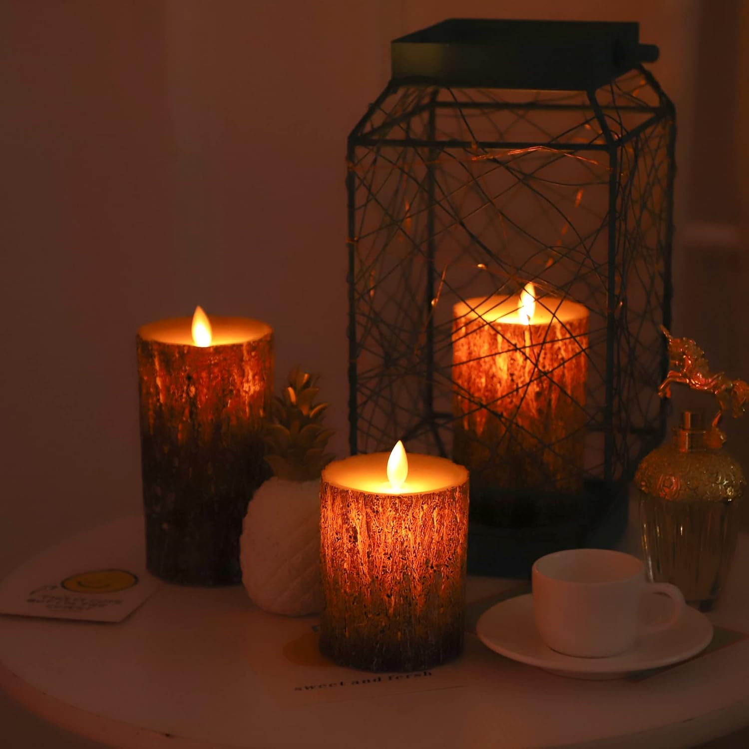 Lezonic LED Flameless Candles Battery Operated with Flickering Warm Yellow Light Moving Wicks Pack of 3 (D 3”×H 4”5”6”) Real Wax Christmas Pine Bark Flameless Pillar Candles with Timer and Remote : Tools & Home Improvement