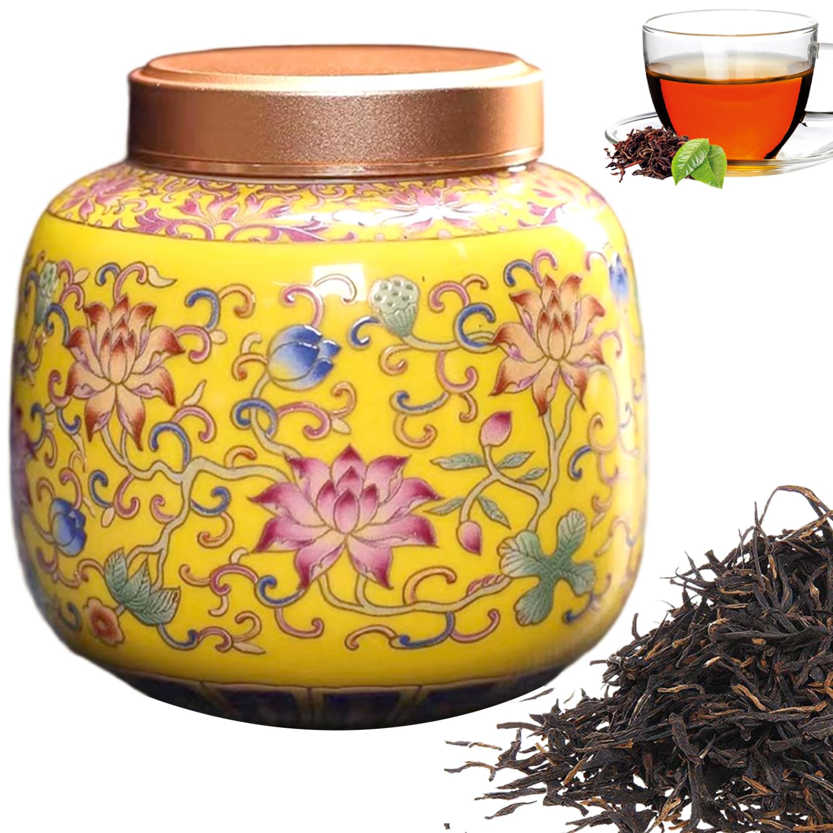 Imooreshine Tea Container with Airtight Alloy Lid, Vintage Chinese Style Ceramic Jar, Exquisite Storage Jars for Kitchen Spice Tea Coffee Condiment, Yellow