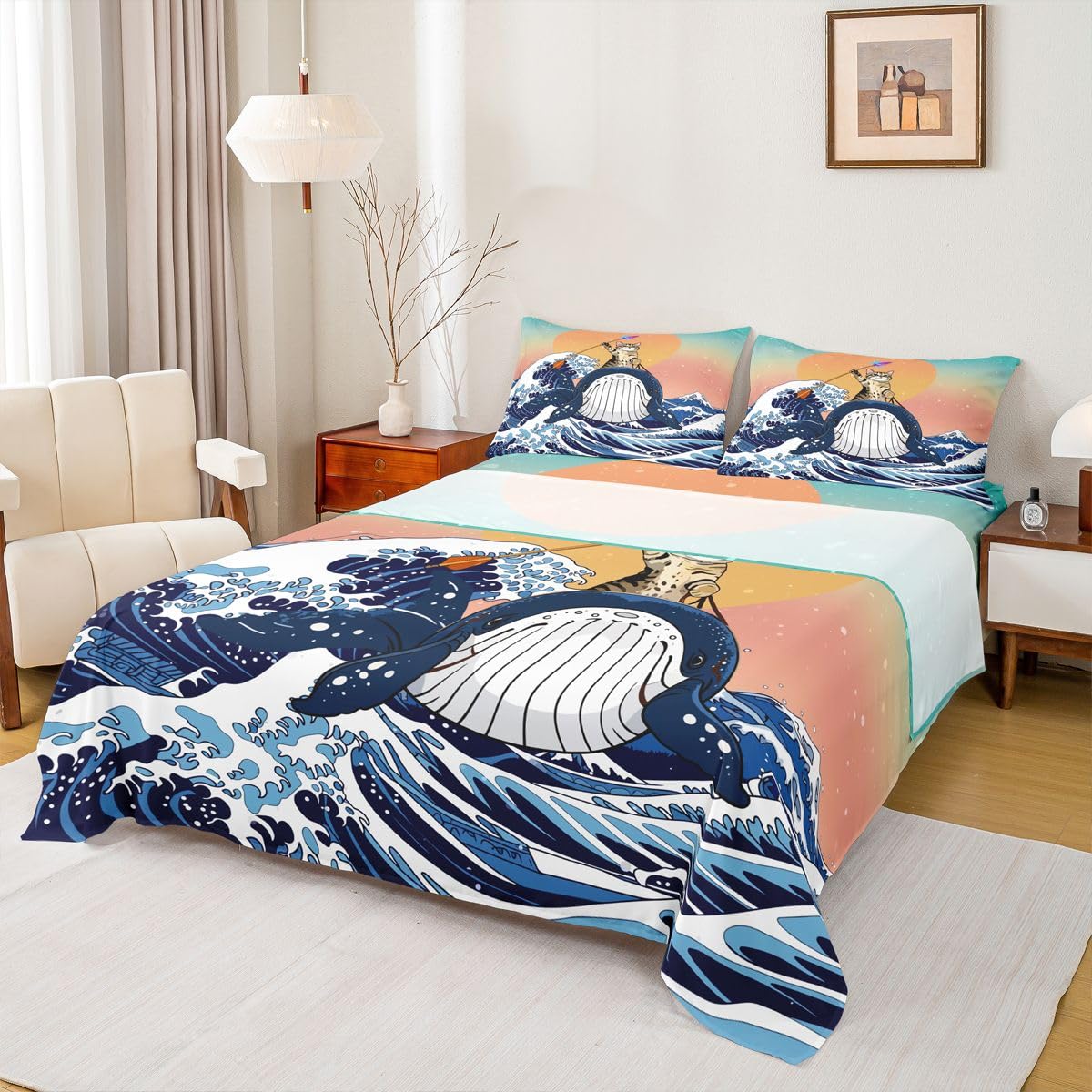 Homewish Wieloryb mały kot zestaw pościeli podwójna zabawa kot brązowe japońskie prześcieradła Ukiyoe zachód słońca ocean fale zestaw pościeli - galaktyka akwarela japońskie prześcieradła z gumką 4
