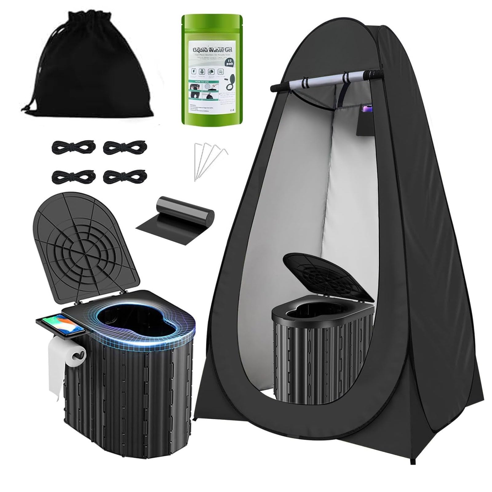 Toilettes de camping avec tente d'intimité pop-up et gel liquide déchets, toilettes portables pour camping avec grande tente, pot ergonomique offrant un confort amélioré, convient à tous les âges