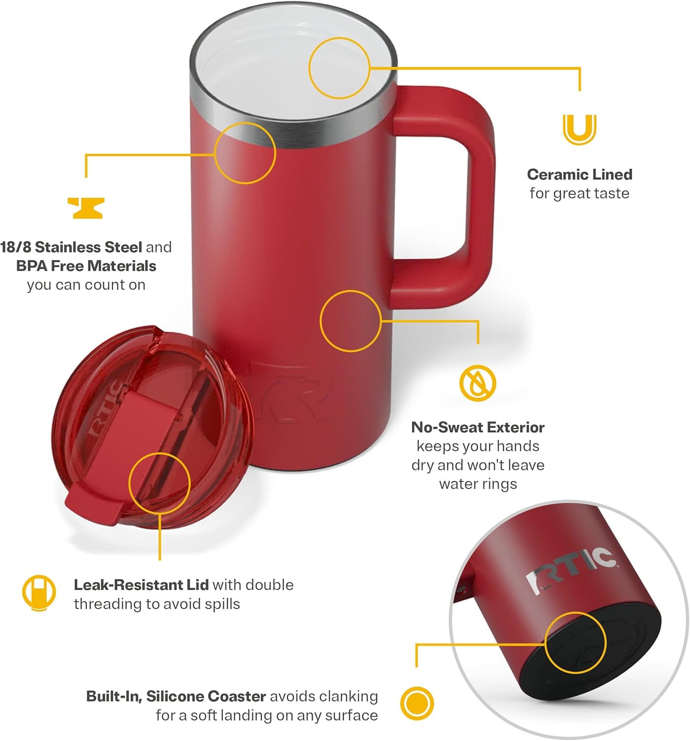 RTIC 16oz Road Trip Travel Mug with Lid and Handle, Ceramic Lined, Insulated, Stainless Steel, Metal, Double Wall Vacuum-Insulation, Portable Coffee, Tea Cup for Hot and Cold Drink, Flag Red - Image 4