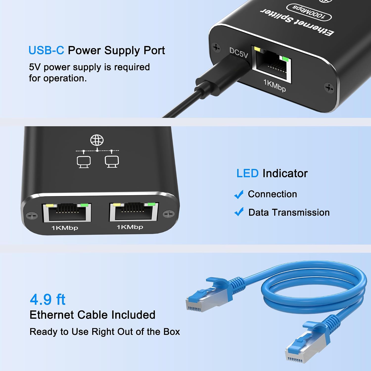 Ethernet Splitter 1 to 2 with 4.92 ft Ethernet Cable, 1000Mbps High Speed