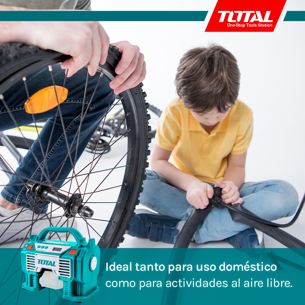 TOTAL - Compresor Híbrido a Batería P20S de 20 V - Bomba de Aire Eléctrica para Inflar Balones, Colchones y Neumáticos - Cargador de 12 V para Coche - Incluye Adaptadores