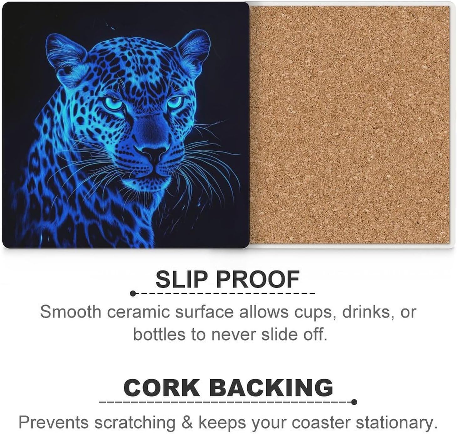 Glowing Blue Leopard Funny Ceramic Coasters for Drink Absorbent Cup Holders Tabletop Protection