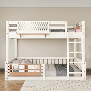 LUMISOL Full XL Over Queen Bunk Bed with Ladder and Guardrails, Pegboard and Bookshelf,