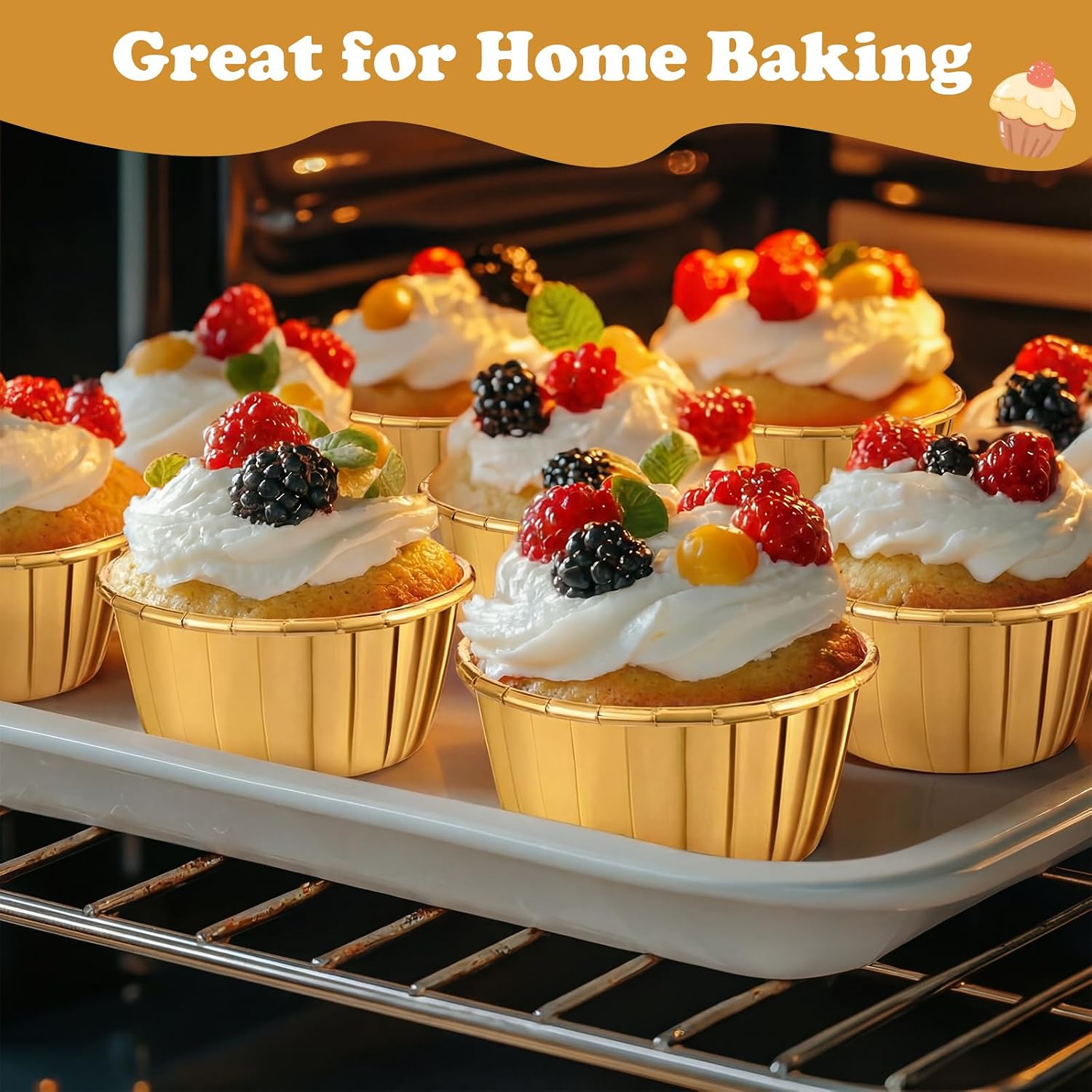 50 Pack Gold Cupcake Liners Bulk Disposable Foil Muffin Cups 3.5 oz Wrappers for Baking Aluminum Paper Mini Metallic Disposable Holiday Party Wedding Festival Supply