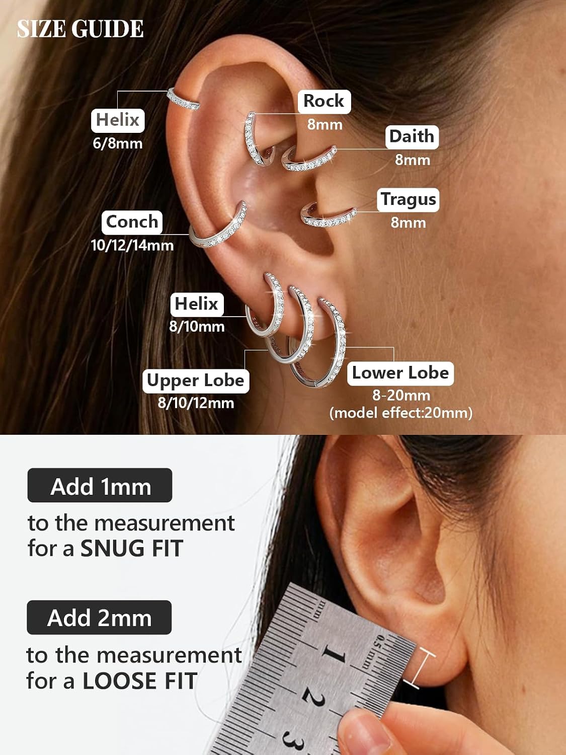 Silvora 925 Sterling Silver Huggie Hoop Earrings for Women, Small Hoop Earrings for Women, Cubic Zirconia Cartilage Earrings for Sensitive Ears, 6/8/10/12/14/16/18/20mm