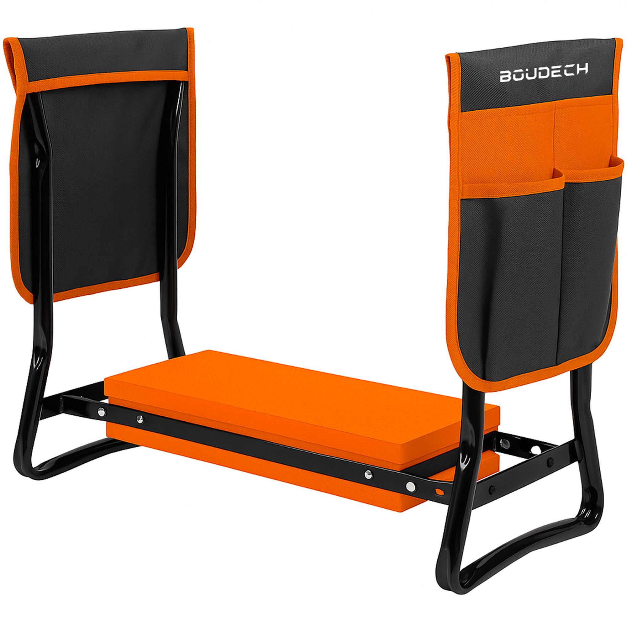 BOUDECH Ergogard - Tabouret à genoux multifonction 2 en 1 pour jardinage avec sac porte-outils, noir et orange