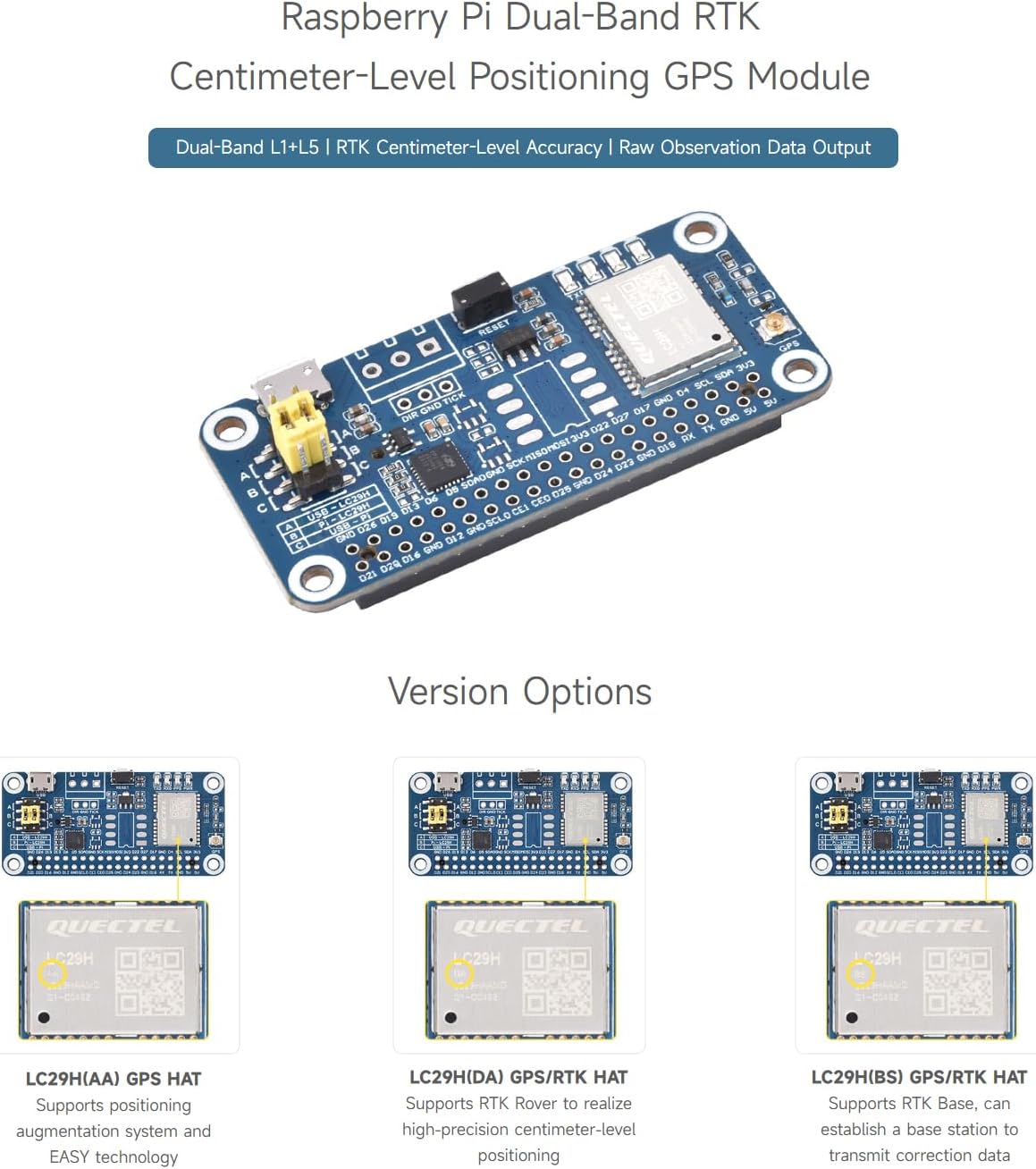 Waveshare LC29H Series Dual-Band GPS Module for Raspberry Pi, Dual-Band L1+L5 Positioning Technology, Supports RTK Base, Can Establish a Base Station to Transmit Correction Data