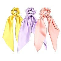 Vista 21 de Coleteros para el cabello para mujer, bufanda LFOUVRE Scrunchies, 2 piezas de bufandas anudadas para niñas, bufanda de satén sedoso, banda elástica