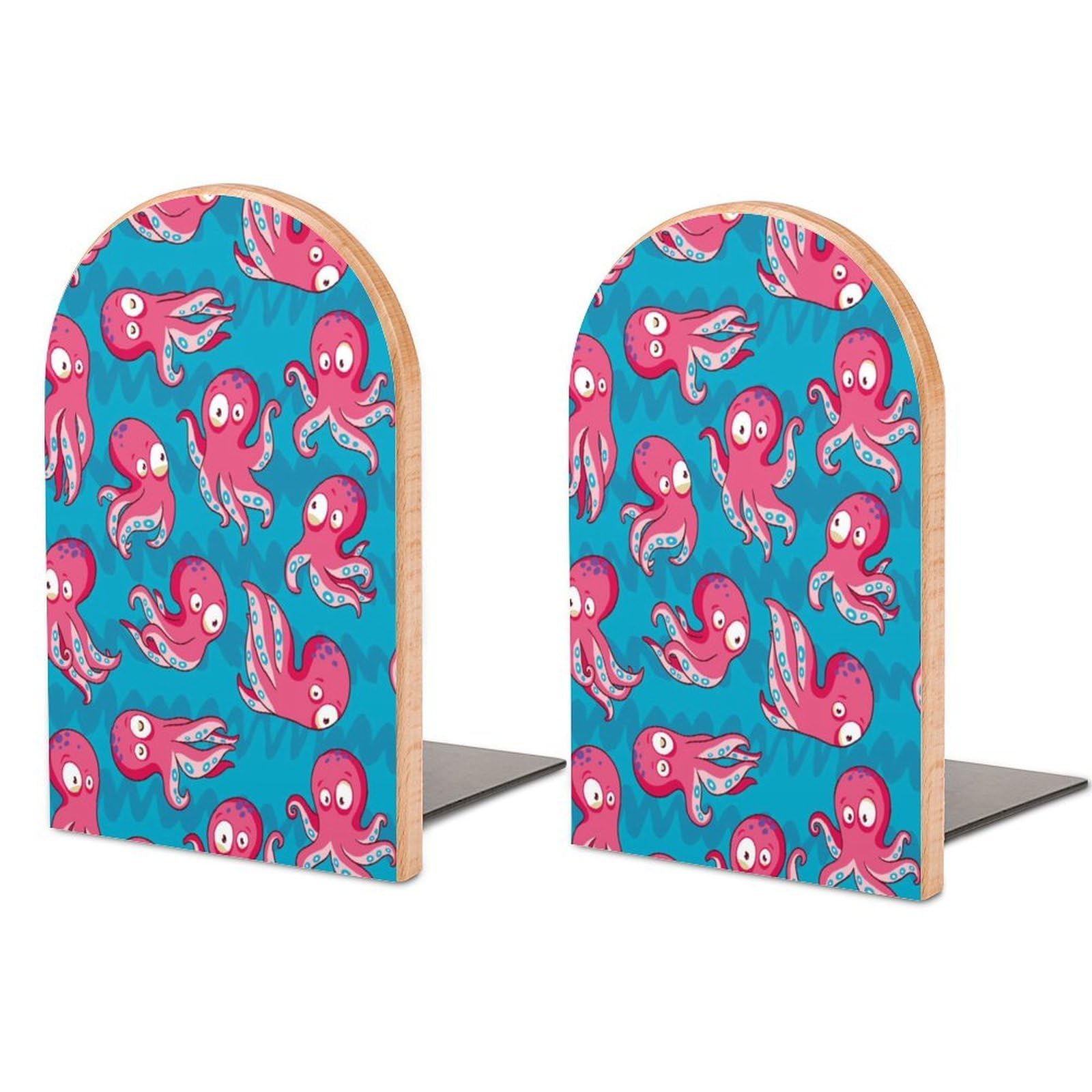 Vector Red Octopus Blue Background Beech Wood Bookends Heavy Duty Book Organizers Desktop File Holder for Office Home Bookshelf