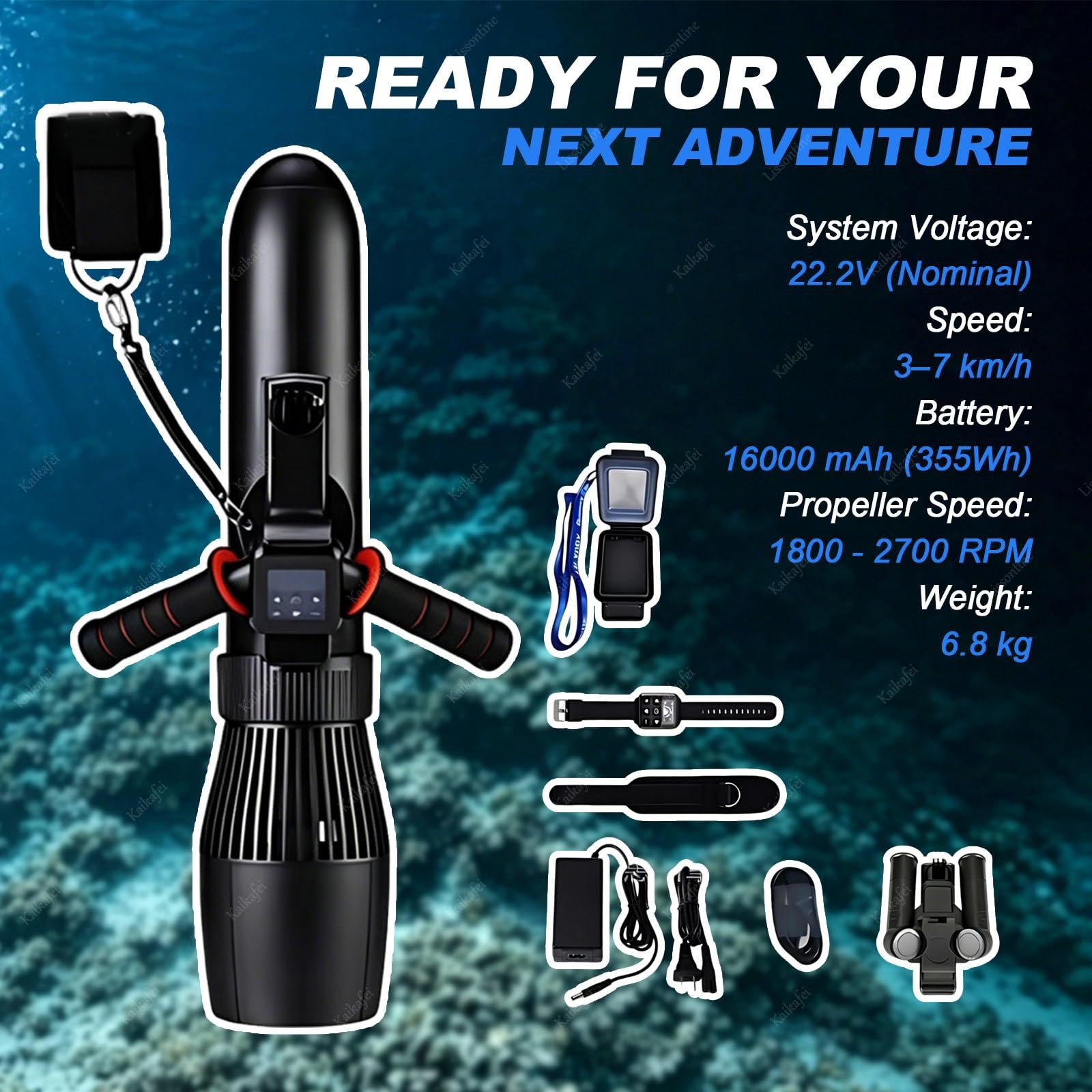 700W Scooter Subacuático con Empuje 9.5kg y Mango, 180 Minutos Profesional Scooter de Mar para Buceo Profundo, Resistente al Sal Motor Eléctrico para Piragua