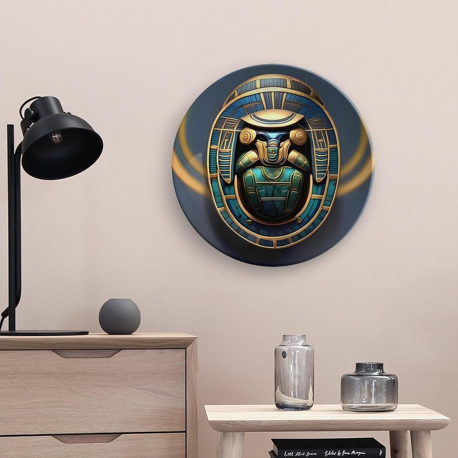 Egyptian Scarab Ceramic Decorative Plate for Home, Bone China Plates | Chinese Style Decorative Dish with Stand, Dinner Plates Art Crafts for Wall Decor, Collections Plate with Hook 10inch