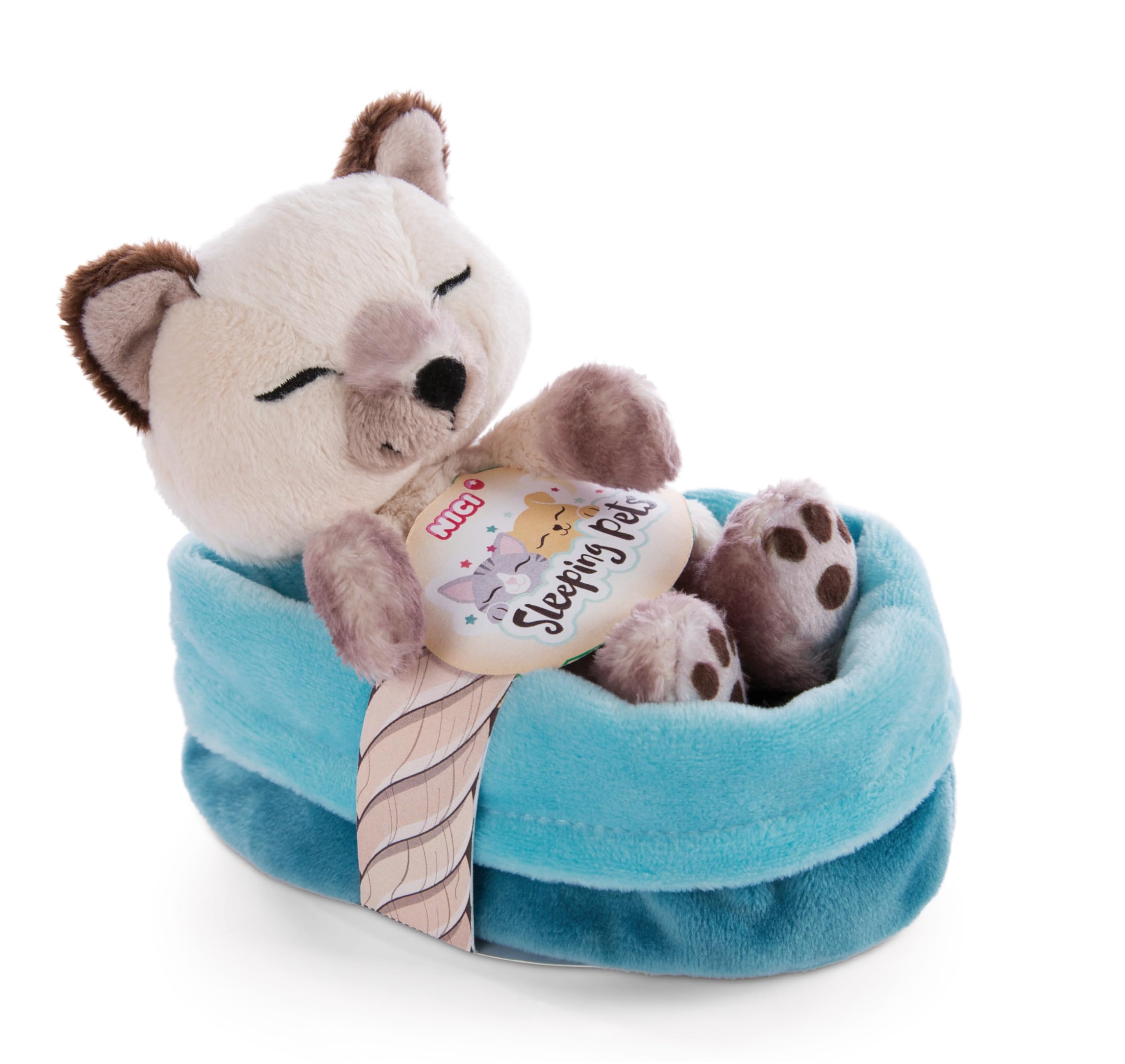 NICI Soft Toy Cat in Basket 12 cm – Sleeping Pets Cuddly Toy Siamese Cats for Girls, Boys & Babies – Fluffy Stuffed Animal to Cuddle, Play & Sleep With – Cosy Plush Animals