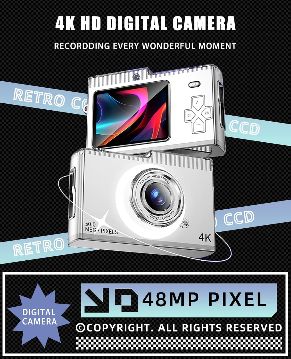 Kids Selfie Camera,8X Digital Zoom,40MP HD 1080P Video,with 32GB TF Card,Lanyard,USB-C Charging,Safe Durable Kids Digital Camera,Christmas Birthday Toy Gifts