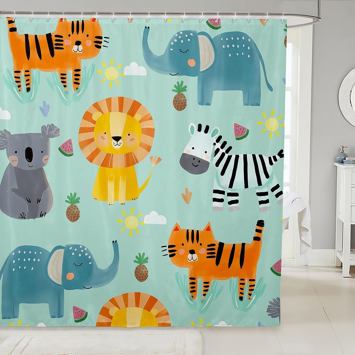 Feelyou Dinosaur Bathroom Shower Curtain Set Cute Rainbow Dino Bath Curtain for Kids Boys Girls Jungle Dino Shower Curtain Cartoon Rainbow Wildlife Kids Bathroom Accessories 72"x78"
