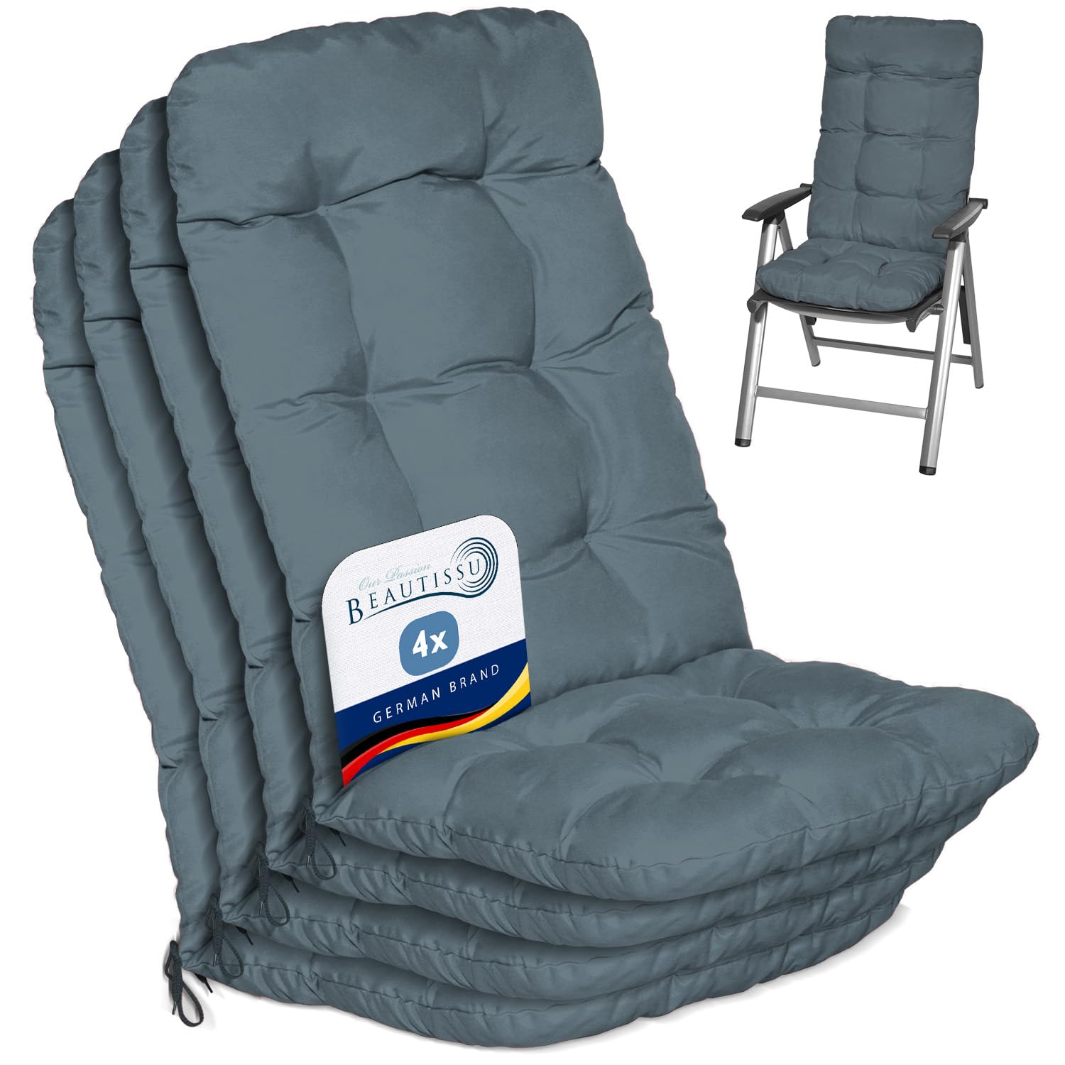 Beautissu Set of 4 Highback Garden Chair Cushions Set 120x50x8 cm - Dove Blue Outdoor Seat Cushions for Garden Chairs with Backs Pillows for Recliner Patio Sunbed Bench - Flair HL