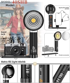 LENSGO 40SHB Retro Camera Light, 40W Bi-Color 2700K-7000K CRI 96+ Video Light, 2600mAH, 8 Light Modes, Adjustable Brightness & Colour Temperature for Photography Lighting