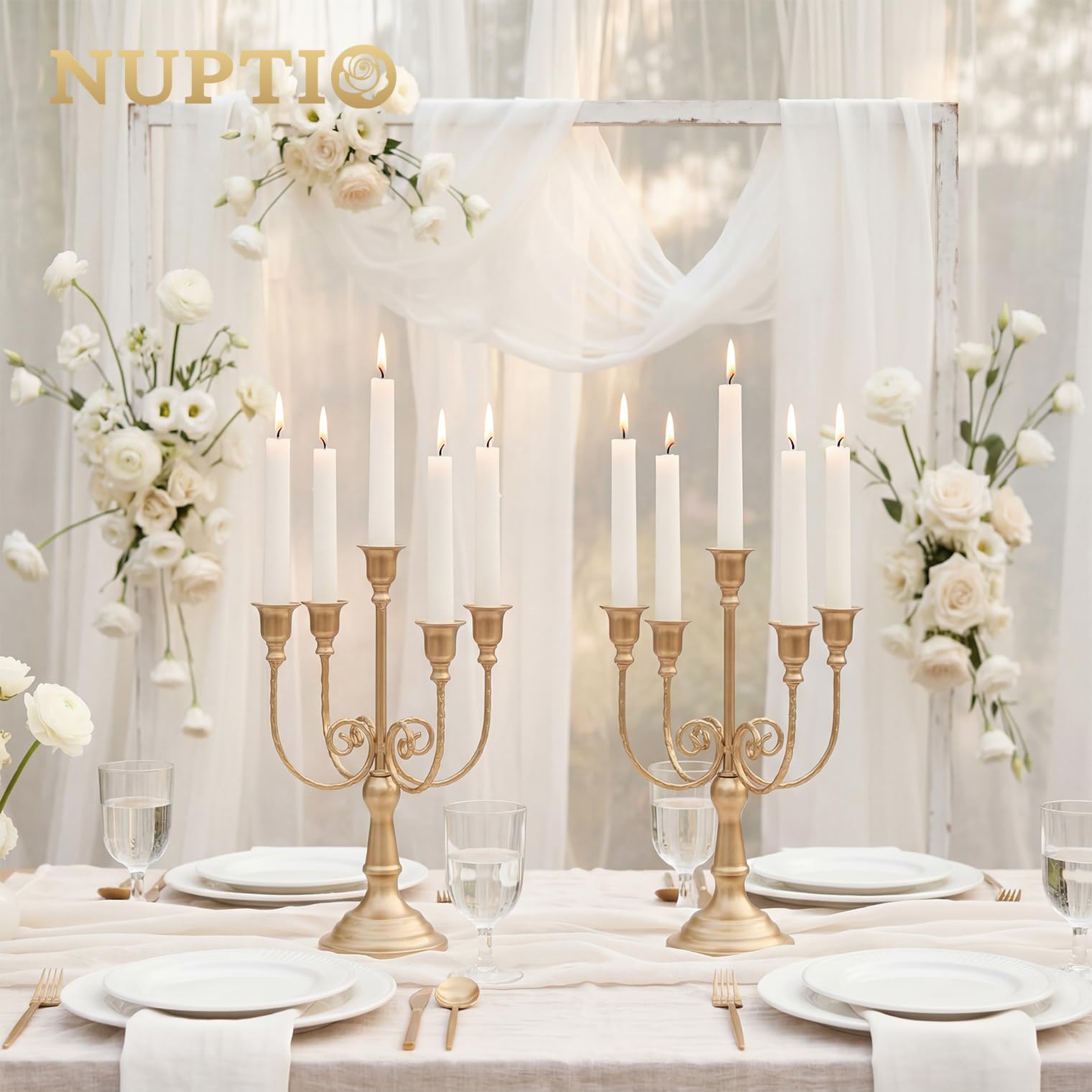 Nuptio Gold Kandelaber Kerzenhalter Kerzenleuchter - Satz von 2 Metall Kerzenständer Mittelstück 5-Kerzen Kerze Stick Steht Kamin Hochzeit Empfang Antike Dekorative Esstisch Weihnachten