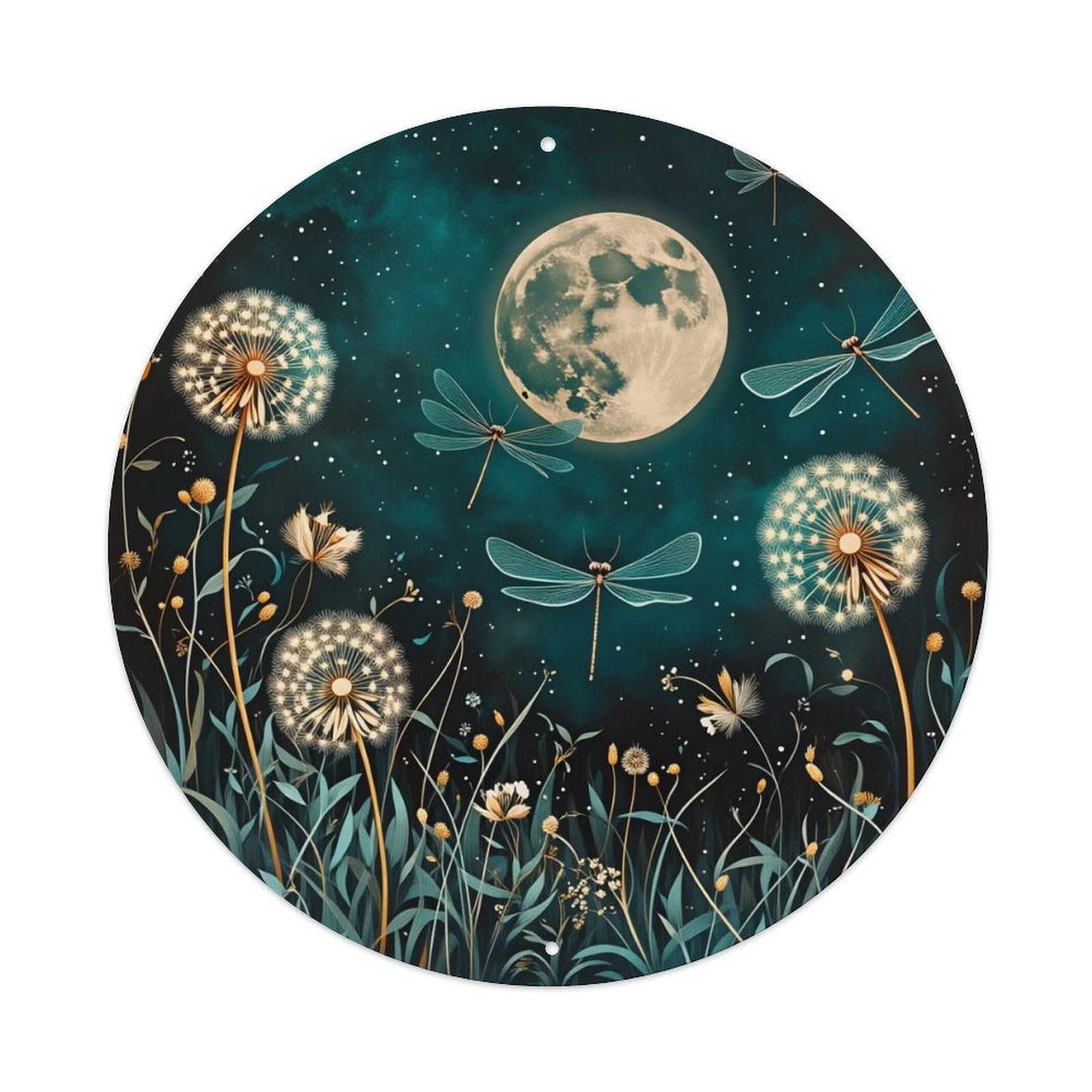 Moonlight Dandelion Dragonfly Night Garden Round Tin Sign Vintage Metal Poster, Home Bar Garage Man Cave Cafe Indoor & Outdoor Wall Decoration 8x8Inches