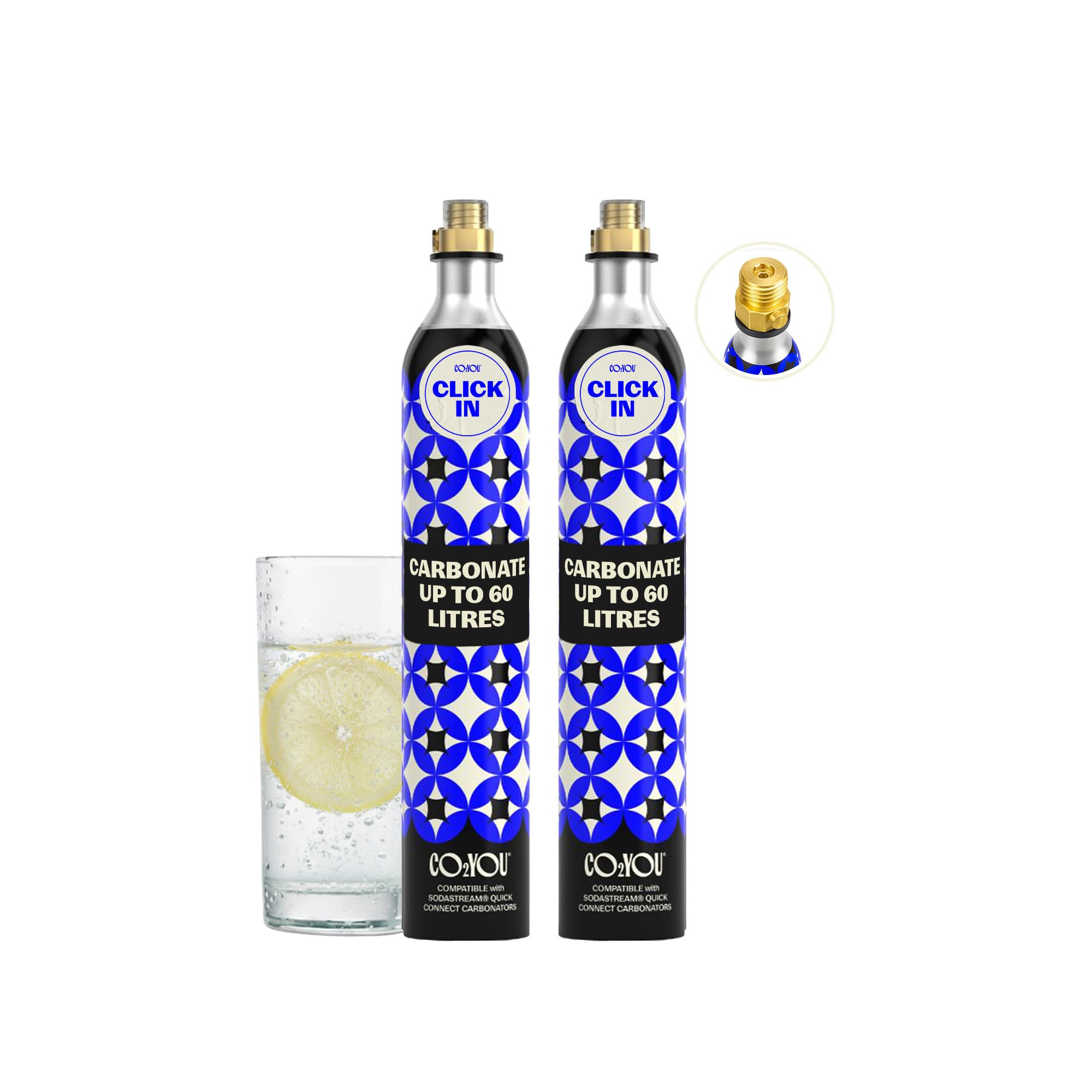 CO2YOU Gas Cylinders 60 L (Click-In Type) – 2-Pack Refill Set Compatible with Quick Connect Machines (Terra, E-Terra, Art, Duo) – Carbonator – Check Compatible Models Below