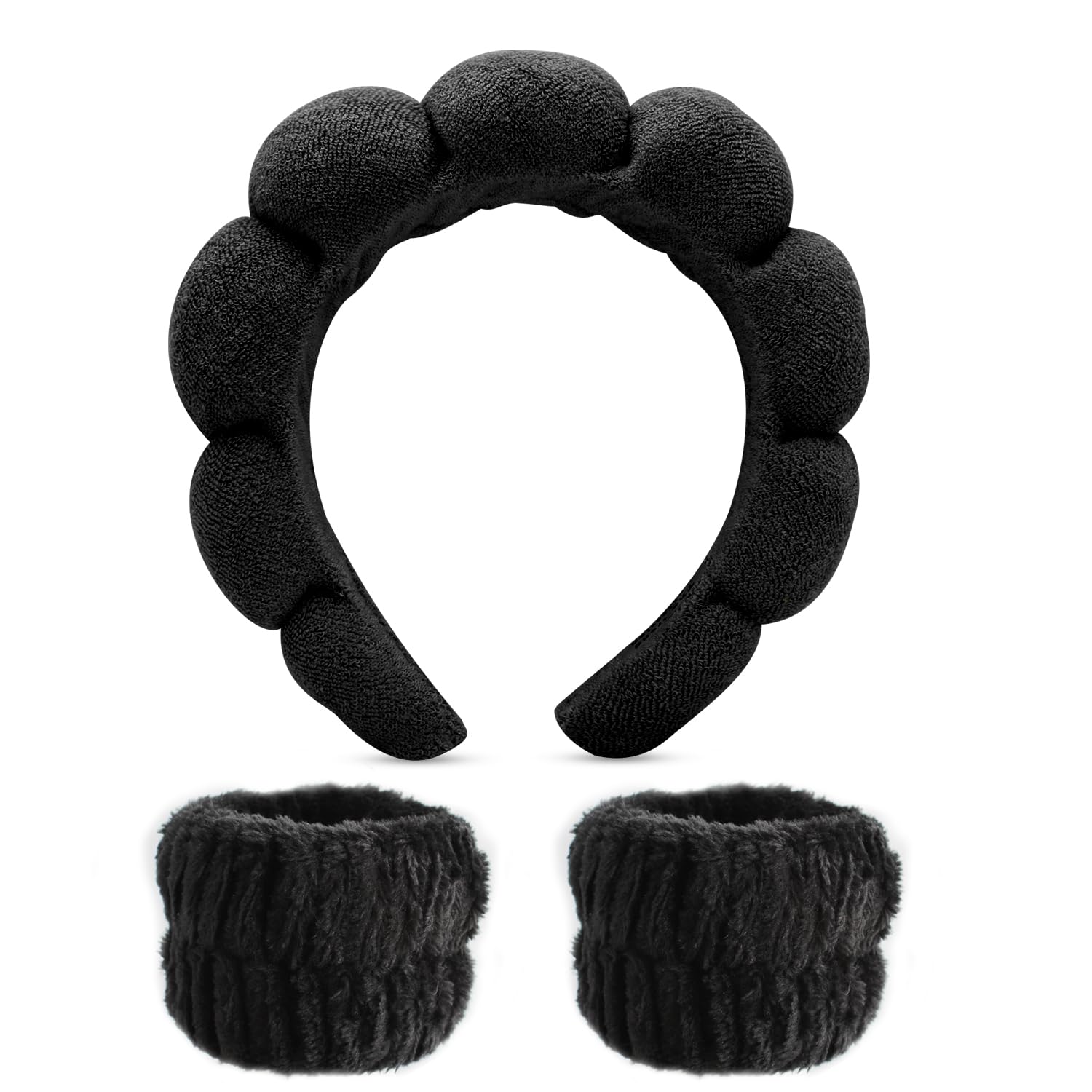 10 Pack Spa Headband and Wristband for Washing Face, Makeup and Skincare. Puffy Terry Cloth, Non Slip Get Ready Hairband for Women, Teens, Girls. Cute Hair Accessories. (Black)