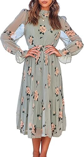 ANRABESS Vestido midi de gasa floral para mujer, manga larga abombada, cuello alto falso, vestidos de verano, bodas, fiestas, otoño 2025