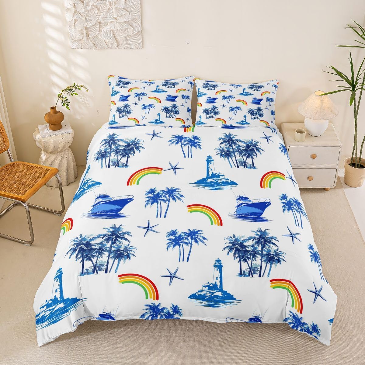 Manfei Coconut Tree Kids Bedding Set King Size,Palm Trees Rainbow Duvet Cover Set,Watercolor Ocean Style Bedroom Decor,White and Blue Quilt Cover,2 Pillowcases(No Comforter)