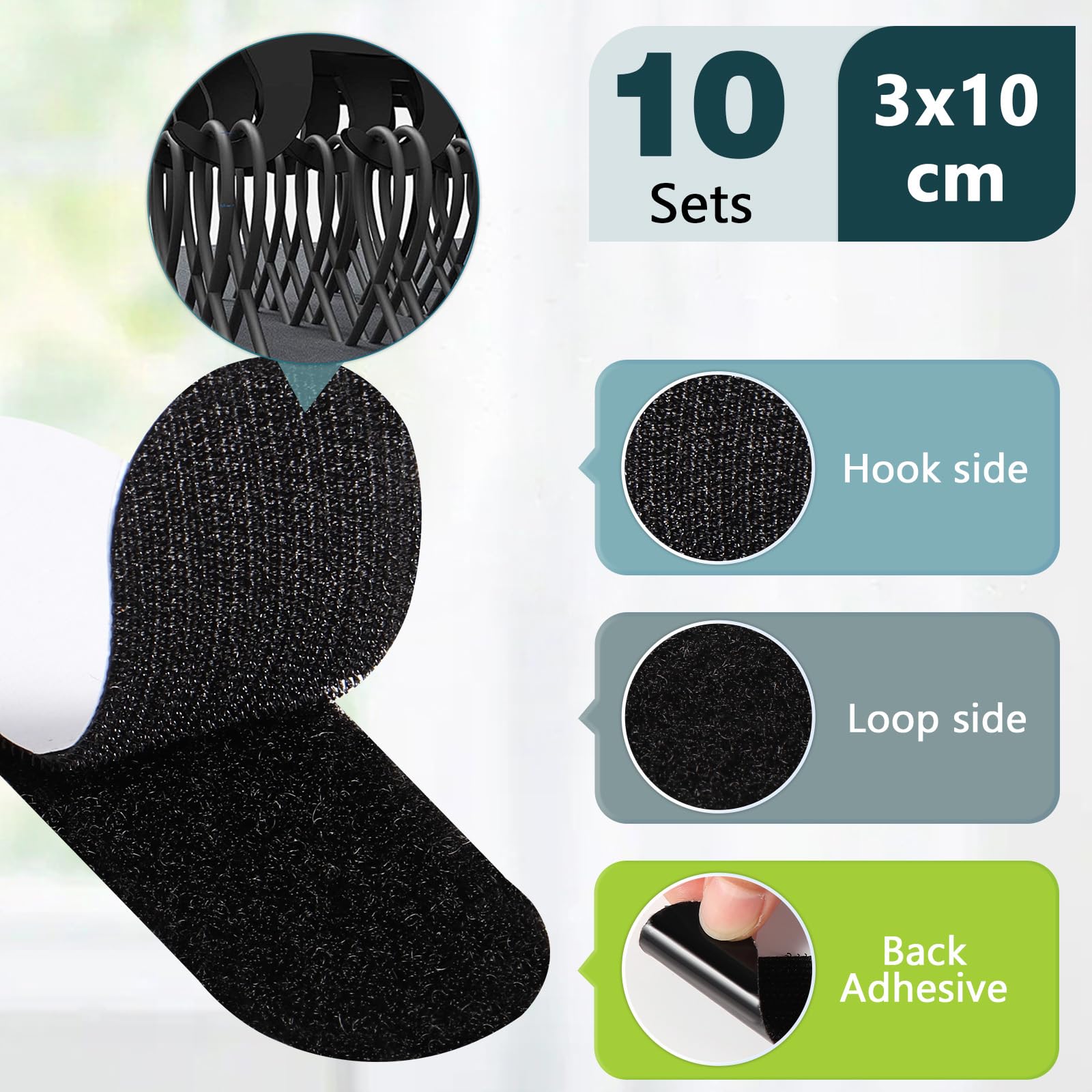 Blendura Adhesivo Doble Cara Fuerte, 10 Pares 10x3cm Adhesivo Doble cara, 10 Hook and 10 Loop, Reutilizable Nylon Doble Cinta Cara Extra Fuerte para Hogar y Oficina