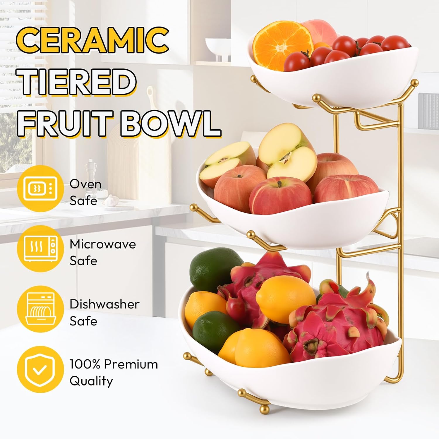 3 Tier Fruit Bowl for Kitchen Counter (PLUS edition) - Large Ceramic Fruit Basket with Metal Stand for Kitchen Countertop, Tiered Fruit Stand for Vegetable Storage, Cake, Snack, Dessert, Nuts