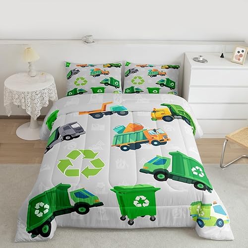Miniatura 2 de Feelyou Juego de ropa de cama verde con camión de basura para niños, niñas y adolescentes, juego de edredón de camión de basura de dibujos animados