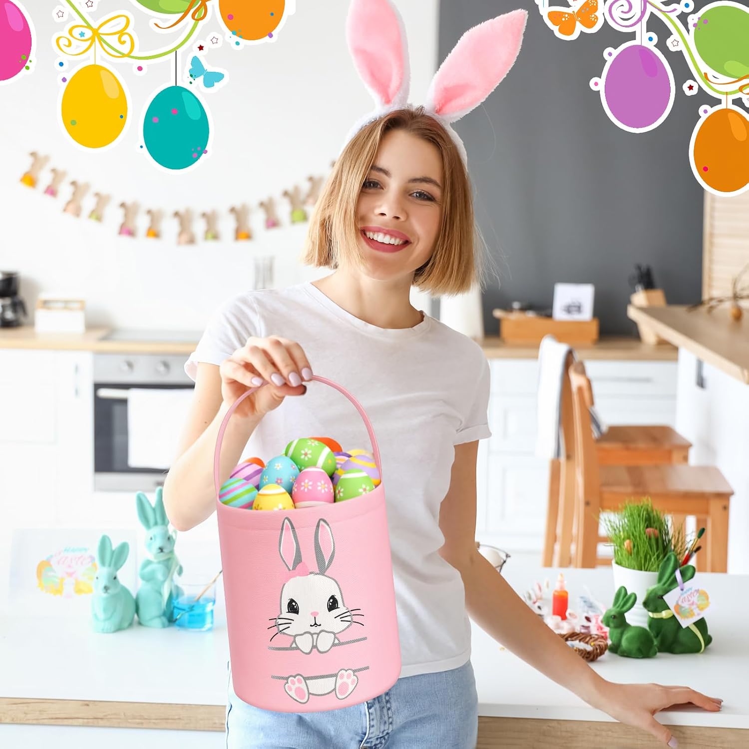 Photect 6 Pack Easter Baskets for Kids, Canvas Bunny Bucket Bags with Handles, Reusable Egg Hunt Tote Sacks, Pastel Colorful for Spring DIY Monogram & Party Favor Treats Goody Bags(Stylish)