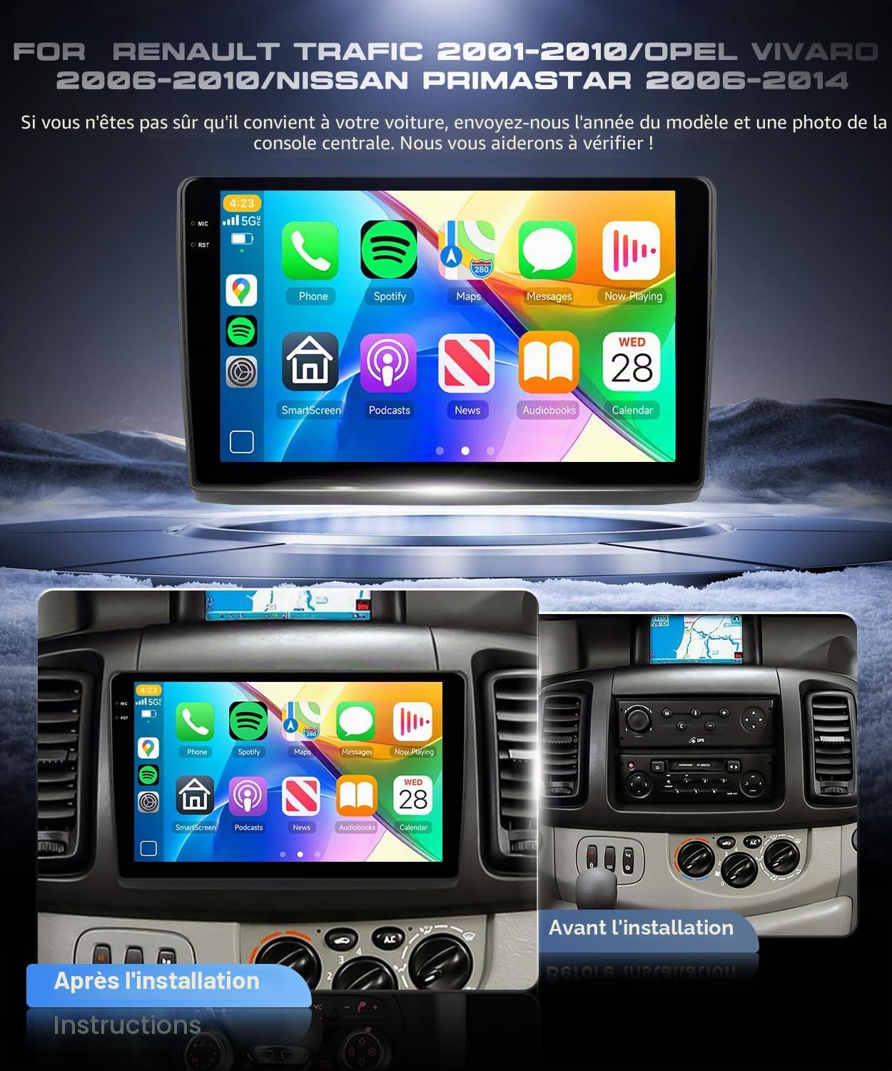 VECHTEL 4G+64G Autoradio Android 15 pour Renault Trafic 2001-2010/Opel Vivaro 2006-2010/Nissan Primastar 2006-2014,10.1'' In-Cell Touchscreen avec Carplay Android Auto GPS WiFi Bluetooth FM RDS Caméra