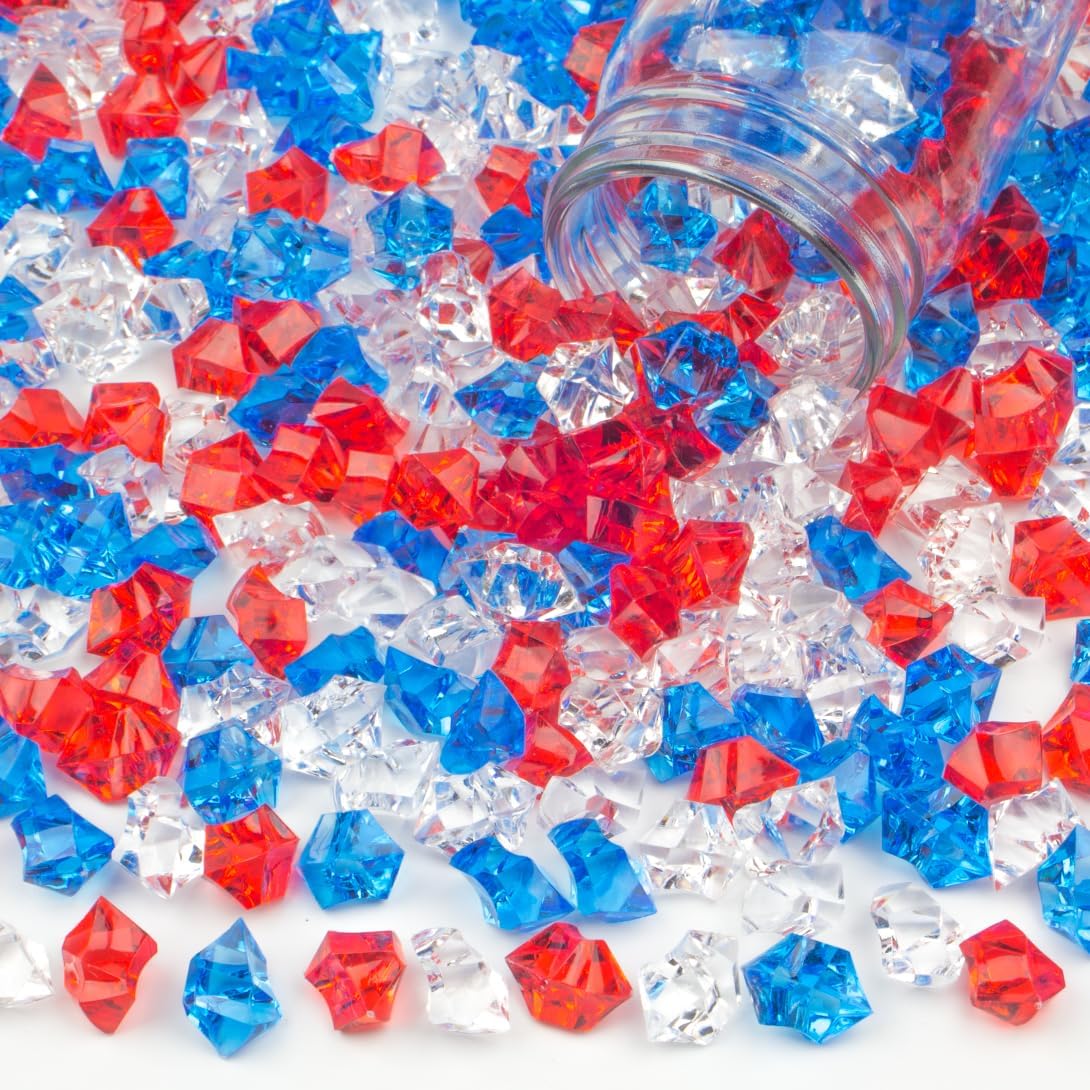 200PCS Patriotic Vase Filler Acrylic Fake Ice Rocks, Red White and Blue 4th of July Decorations for Centerpieces, Independence Day Table & Event Decor