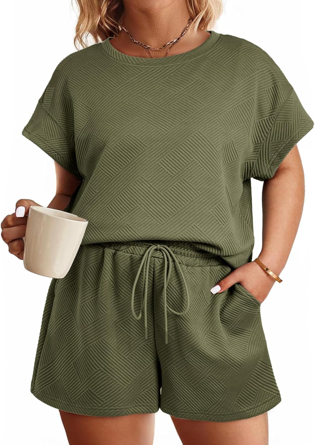 Eytino Women Plus Size 2 Piece Outfits Sweatsuit Short Sleeve Pullover Tops and Drawstring Shorts Pants(1X-5X) - Image 5