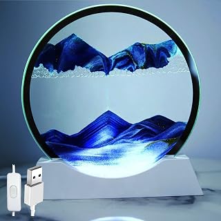 Moving Sand Art, 3D Hourglass Deep Sea Sandscape Round Glass Flowing Sand Frame Picture, 360° Rotatable Sand Art Liquid Motion Quicksand Painting Lamp, Kinetic Sand Office Desk Decor for Table(Blue)