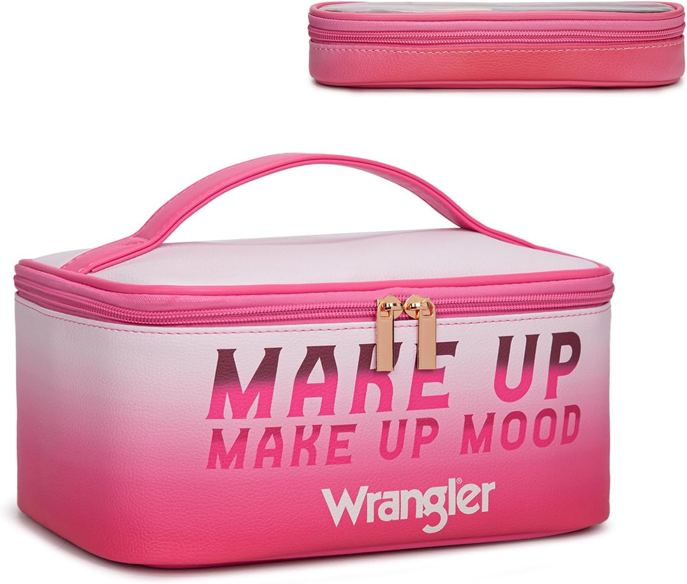 Montana West X Wrangler Travel Makeup Bag 2pcs Set Large Cosmetic Bag with Makeup Brush Holder Portable Make Up Organizer Cute Toiletry Bag with Divider and Handle for Women Gradient