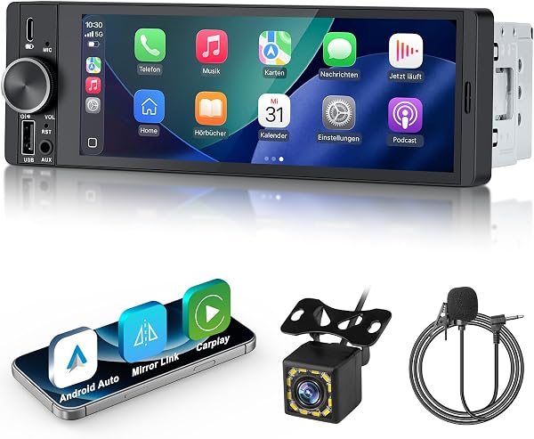 1 DIN Bluetooth Autoradio mit Bildschirm, Single DIN Auto Radio mit Wireless Apple CarPlay Android Auto Navi Rückfahrkamera FM Freisprecheinrichtung Lenkradsteuerung Mirror Link 6,9”Touch Display - 1